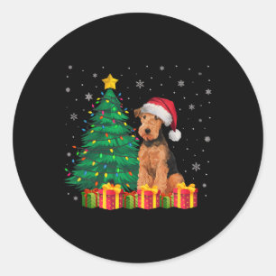 Ugly Airedale Terrier Santa Hat Christmas Lights D Classic Round Sticker