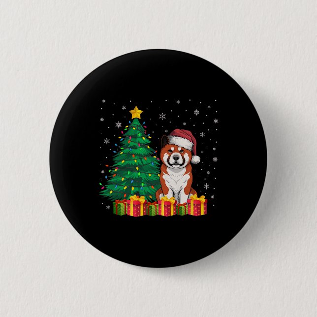 Ugly Akita Santa Hat Christmas Lights Dog Lover Xm 2 Inch Round Button (Front)