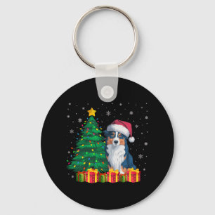 Ugly Australian Shepherd Santa Hat Christmas Light Keychain