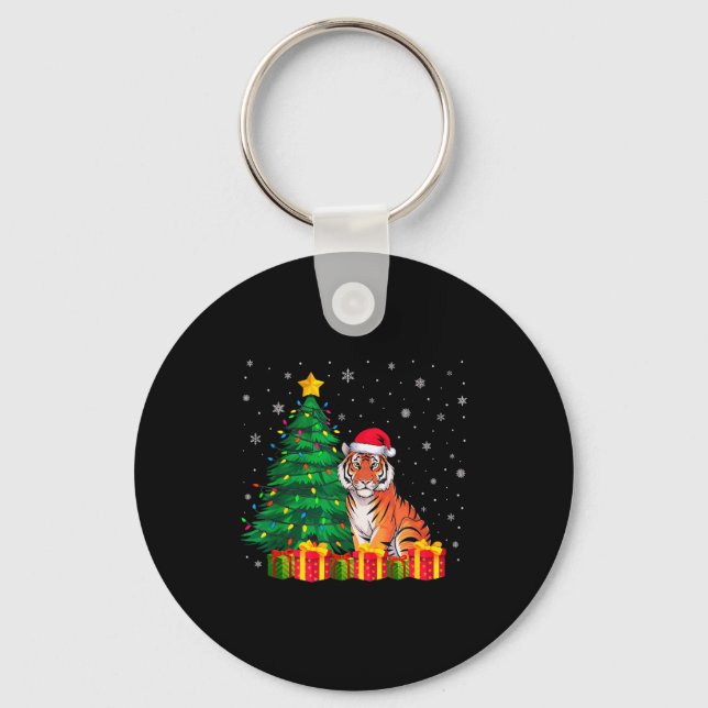 Ugly Bengal Tiger Santa Hat Christmas Tree Lights  Keychain (Front)