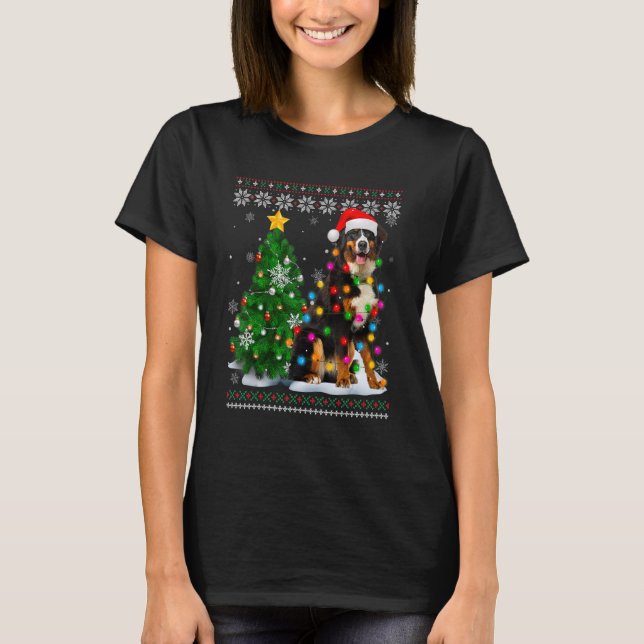 Ugly Bernese Mountain Dog Santa Hat Christmas Tree T-Shirt (Front)