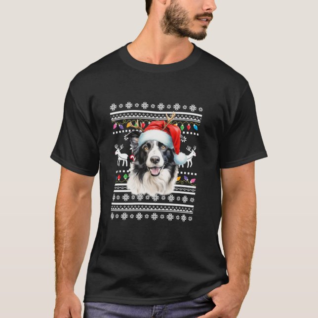 Ugly Border collie Santa Christmas Lights dog Xmas T-Shirt (Front)