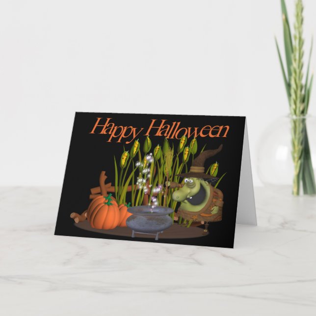 Ugly Cartoon Witch in Cornfield Happy Halloween Card (Front)