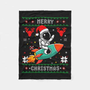 Ugly Christmas Astronaut Riding Rocket Santa Hat T Fleece Blanket