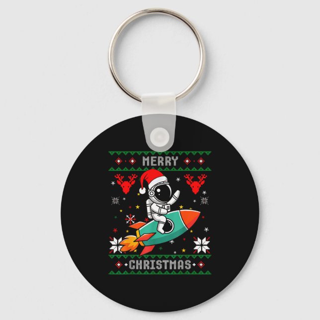 Ugly Christmas Astronaut Riding Rocket Santa Hat T Keychain (Front)
