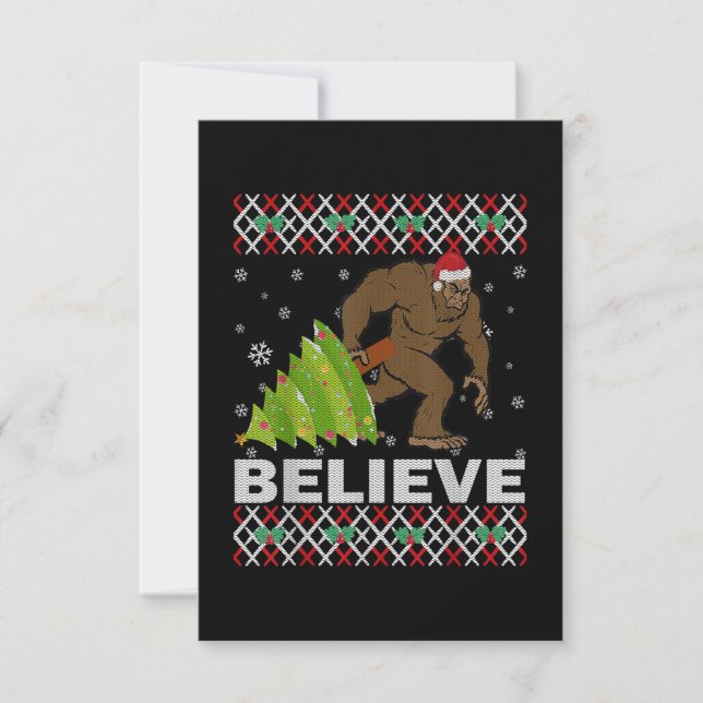 UGLY Christmas Believe Bigfoot Sasquatch Tree For Thank You Card (Front)