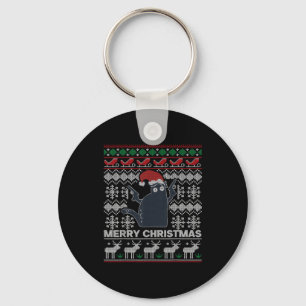 Ugly Christmas Black Cat Merry Christmas Gift Keychain