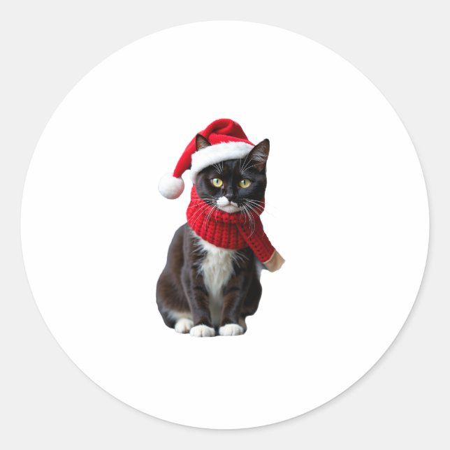 Ugly Christmas Black Cat Santa Hat Scarf Holiday C Classic Round Sticker (Front)