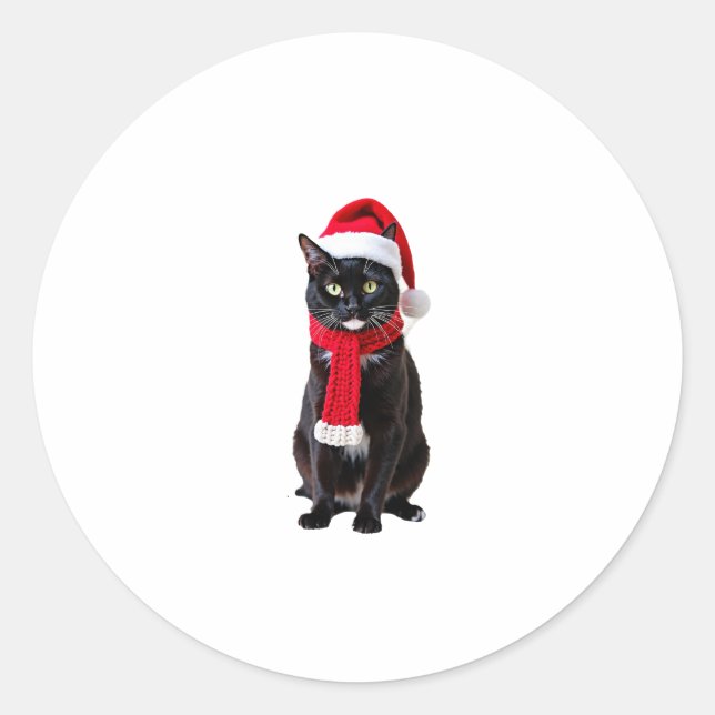 Ugly Christmas Black Cat Santa Hat Scarf Holiday C Classic Round Sticker (Front)