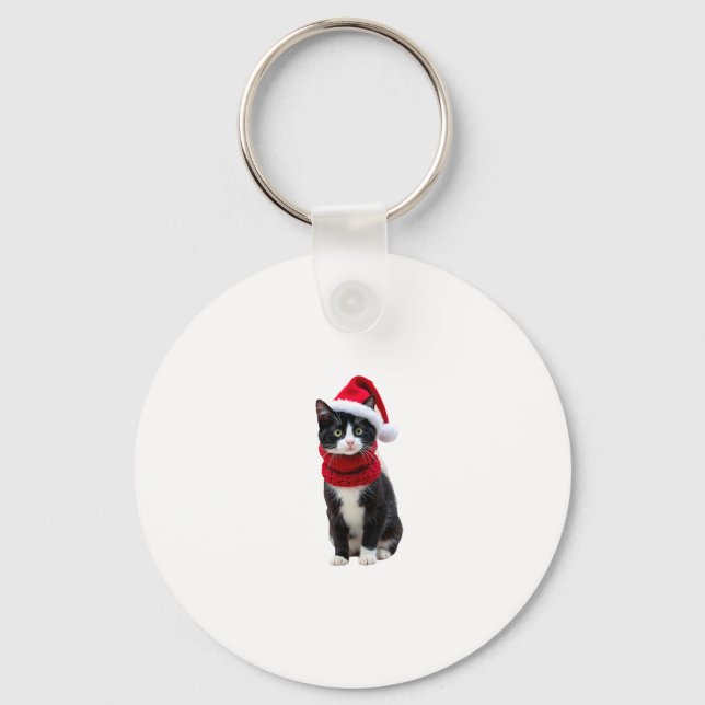 Ugly Christmas Black Cat Santa Hat Scarf Holiday C Keychain (Front)