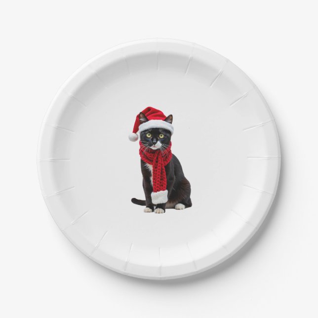 Ugly Christmas Black Cat Santa Hat Scarf Holiday C Paper Plate (Front)