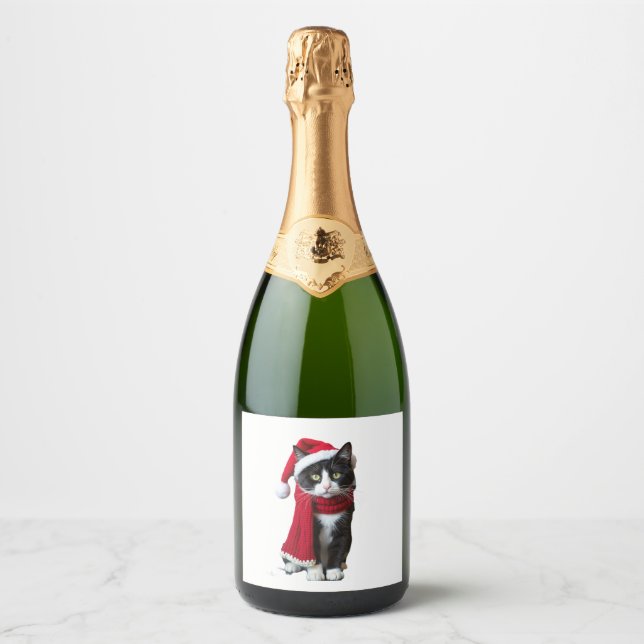 Ugly Christmas Black Cat Santa Hat Scarf Holiday C Sparkling Wine Label (Front)