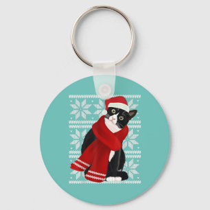 Ugly Christmas Black Cat Santa Hat Scarf Holiday Keychain
