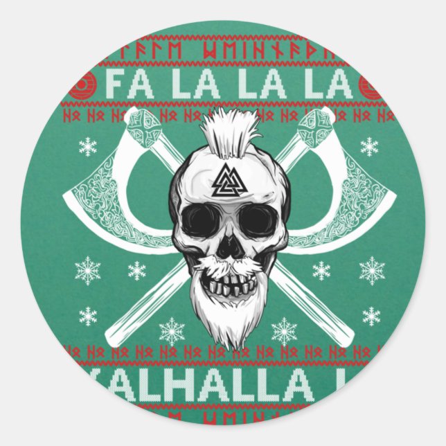 Ugly Christmas Design Fa-La-La Valhalla Viking Val Classic Round Sticker (Front)