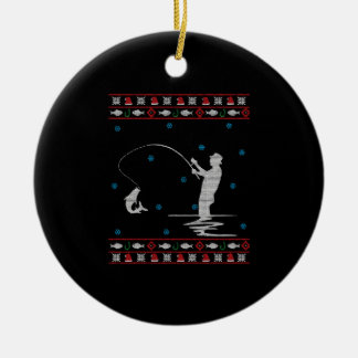 Ugly Christmas Fisherman Fishing Rod Ceramic Ornament