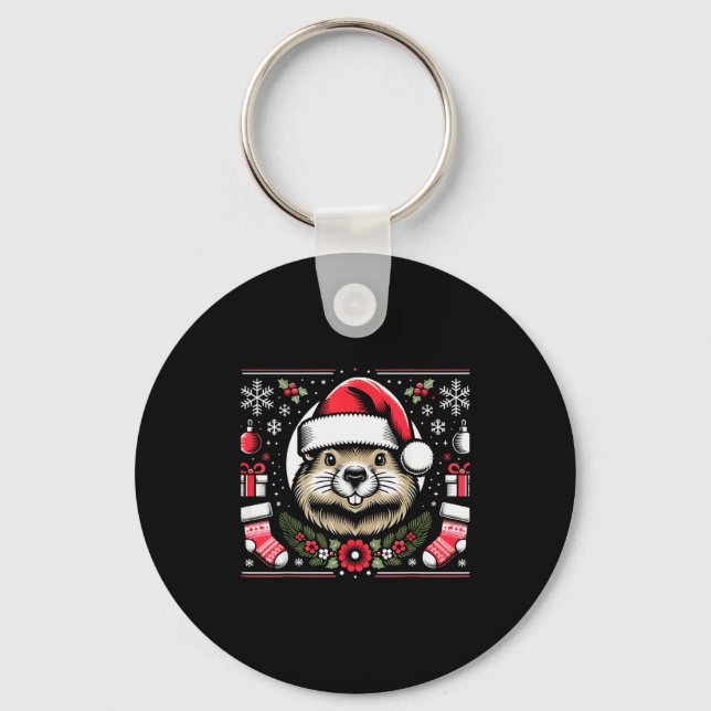 Ugly Christmas Groundhog  Keychain (Front)