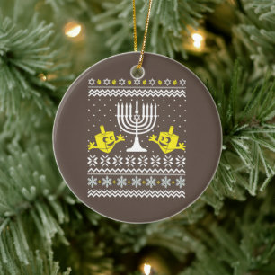 Ugly Christmas Hanukkah Sweater - Happy Hanukkah Ceramic Ornament