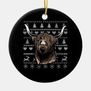 Ugly Christmas Highland Cow Ceramic Ornament