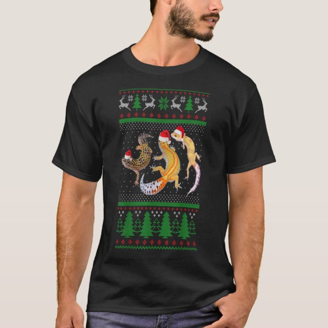 Ugly Christmas Leopard Gecko Santa Hat Lights Xmas T-Shirt (Front)
