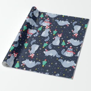 ugly christmas raccoon santa claus xmas tree wrapping paper