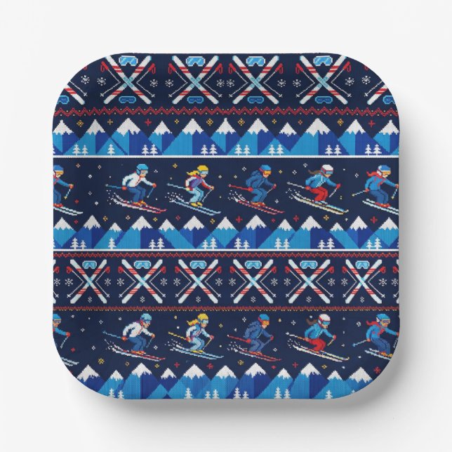Ugly Christmas Ski Pattern Holiday  Paper Plate (Front)