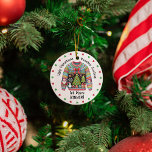 Ugly Christmas Sweater 1st Place Winner Prize Ornament<br><div class="desc">A perfect gift for the 1st place winner for your Ugly Christmas Sweater Contest and party. Surrounded by green and red hearts on a solid white background this colourful, sweater has a big red bow at top, Santa Claus on the sleeve, a snowman, and two decorated Christmas trees, peppermints, wrapped...</div>