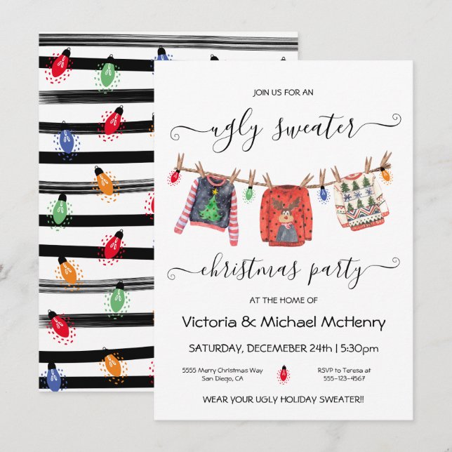 Ugly Christmas Sweater Clothesline Party Invitation (Front/Back)