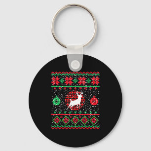 Ugly Christmas Sweater Design Plaid Reindeer Keychain