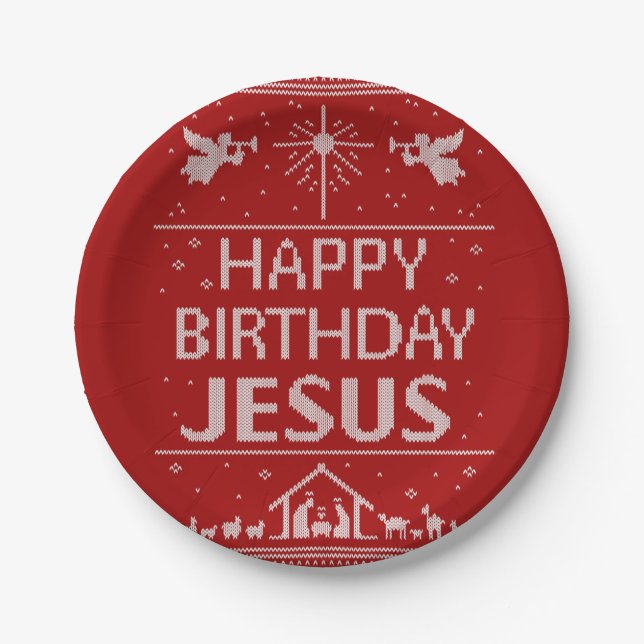 Ugly Christmas Sweater - Happy Birthday Jesus Paper Plate (Front)
