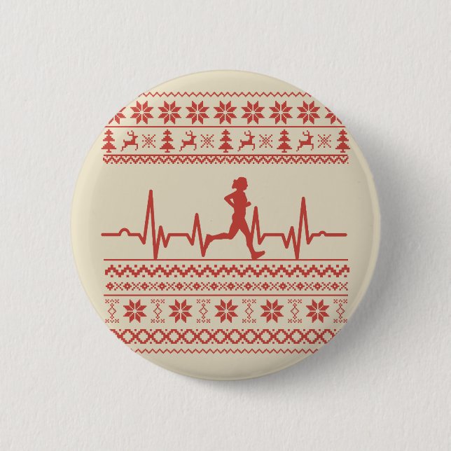 Ugly Christmas sweater heartbeat running run 2 Inch Round Button (Front)