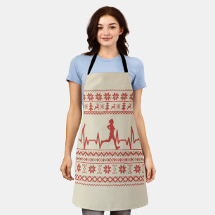 Ugly Christmas sweater heartbeat running run Apron