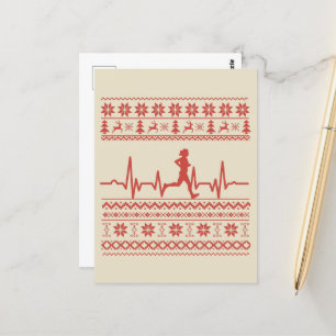 Ugly Christmas sweater heartbeat running run Postcard