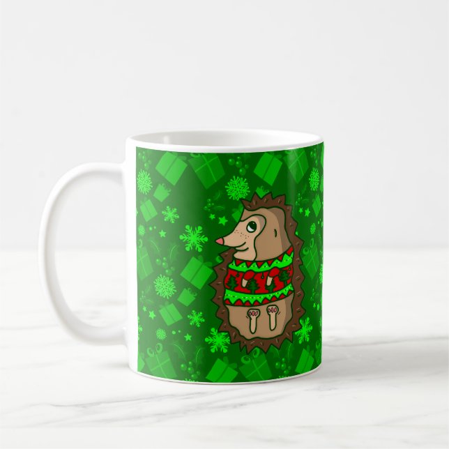 ugly christmas sweater hedgehogs coffee mug (Left)
