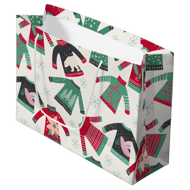 Ugly Christmas Sweater Holiday Pattern Green Red Large Gift Bag (Front Angled)