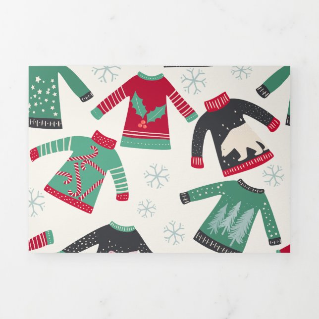 Ugly Christmas Sweater Holiday Pattern Green Red Tri-Fold Holiday Card (Cover)