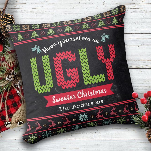 Ugly Christmas Sweater Nordic Knit Fun Chalkboard  Throw Pillow (Creator Uploaded)