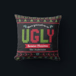 Ugly Christmas Sweater Nordic Knit Fun Chalkboard  Throw Pillow<br><div class="desc">“Have yourself an ugly sweater Christmas.” Decorate your home in “style” with this unique, fun holiday throw pillow! Nordic knit fair isle pattern of whimsical trees, reindeer, ornaments, along with playful “sweater” typography in red, green and aqua blue, overlay a chalkboard background. Feel the warmth and joy of the holiday...</div>
