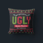 Ugly Christmas Sweater Nordic Knit Fun Chalkboard  Throw Pillow<br><div class="desc">“Have yourself an ugly sweater Christmas.” Decorate your home in “style” with this unique, fun holiday throw pillow! Nordic knit fair isle pattern of whimsical trees, reindeer, ornaments, along with playful “sweater” typography in red, green and aqua blue, overlay a chalkboard background. Feel the warmth and joy of the holiday...</div>