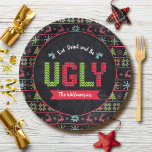 Ugly Christmas Sweater Nordic Knit Name Chalkboard Paper Plate<br><div class="desc">“Eat, drink and be ugly.” Celebrate the holiday season in “style” with this fun, unique, holiday party paper plate! A cute, Nordic knit fair isle pattern of whimsical trees, reindeer, ornaments, along with playful “sweater” typography in red, green and aqua blue, overlay a chalkboard background. Personalize with your name. Your...</div>