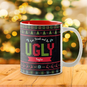 Ugly Christmas Sweater Nordic Knit Name Chalkboard Two-Tone Coffee Mug