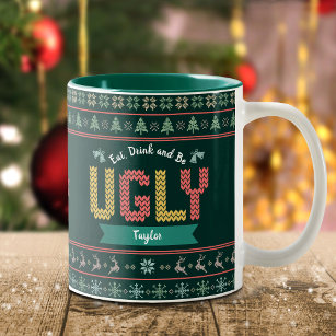 Ugly Christmas Sweater Nordic Knit Your Name Green Two-Tone Coffee Mug