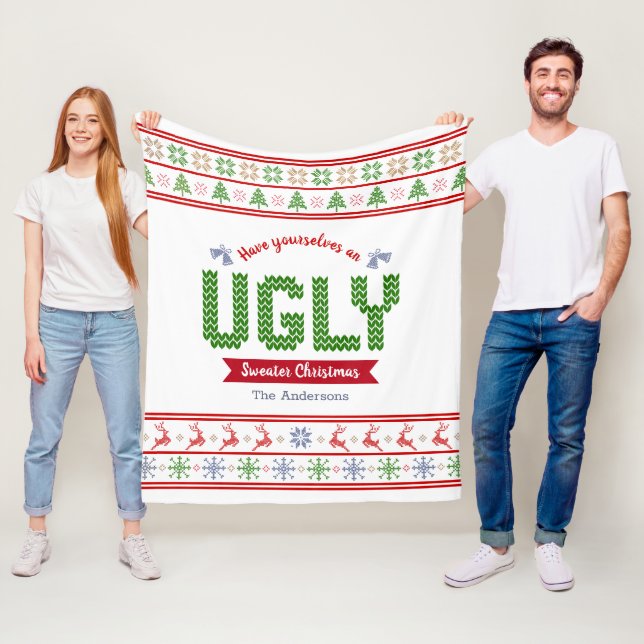 Ugly Christmas Sweater Nordic White Red Green Knit Fleece Blanket (In Situ)