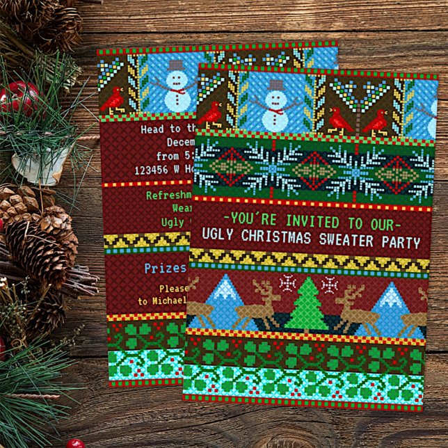 Ugly Christmas Sweater Party Fun Knitted Reindeer Invitation (Creator Uploaded)