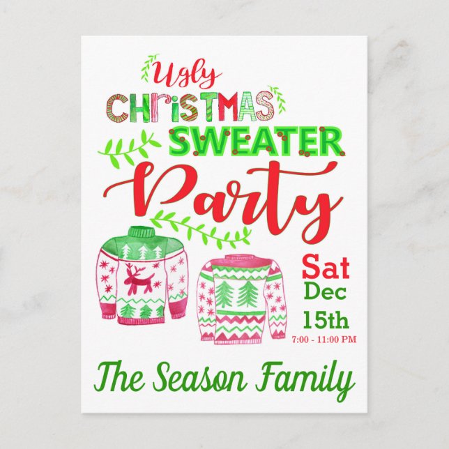 Ugly Christmas Sweater Party Invitation Postcard (Front)
