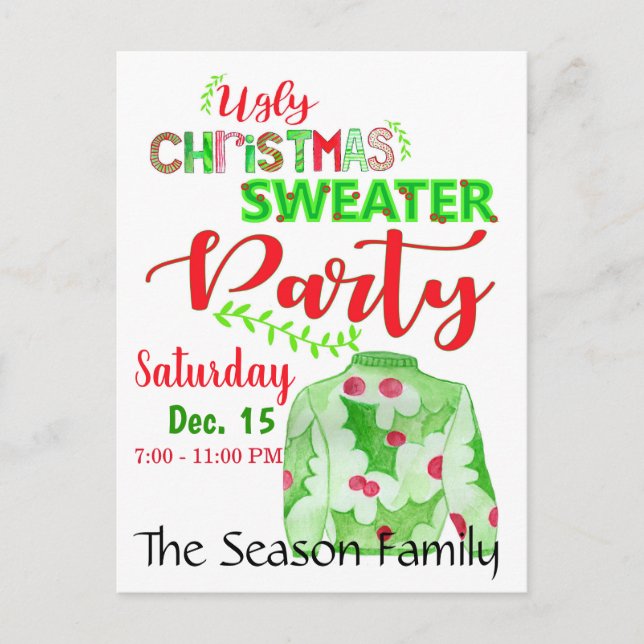 Ugly Christmas Sweater Party Invitation Postcard (Front)