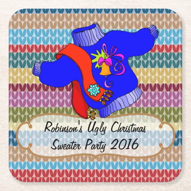 Ugly Christmas Sweater Party Personalized Square Paper Coaster (Front)