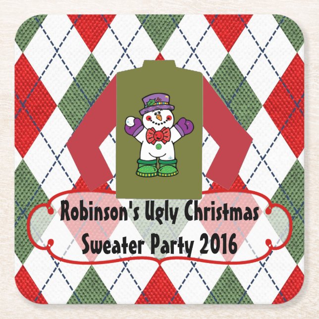 Ugly Christmas Sweater Party Personalized Square Paper Coaster (Front)