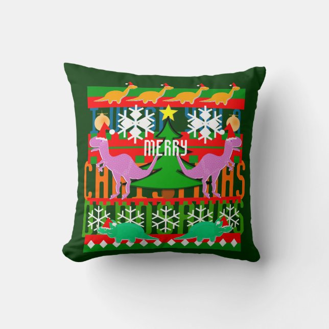 Ugly Christmas Sweater Pattern Cartoon Dinosaurs Throw Pillow (Front)