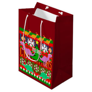 Ugly Christmas Sweater Pattern Cute Dinosaurs Medium Gift Bag