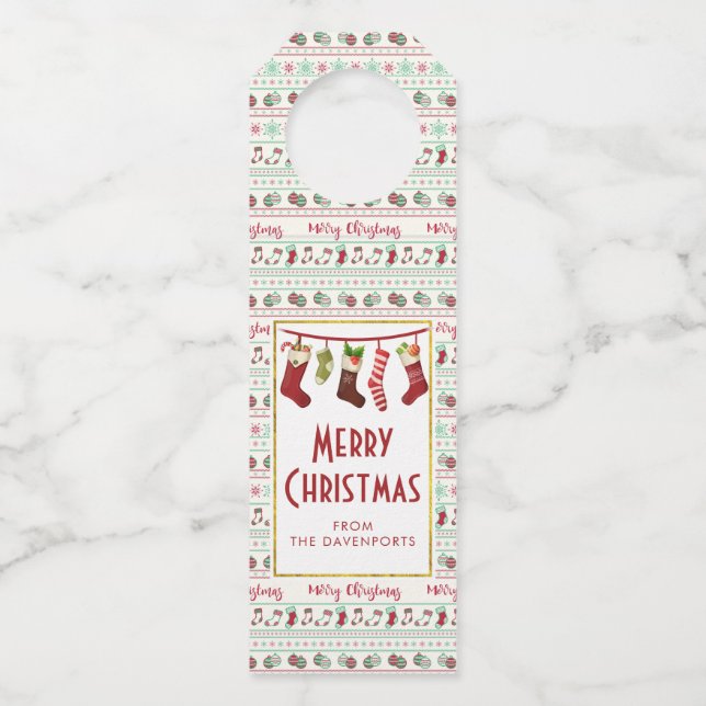 Ugly Christmas Sweater Pattern Holiday Bottle Tag (Front)